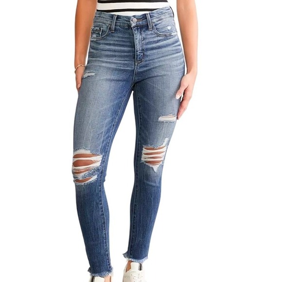BUCKLE BLACK Denim - BUCKLE BLACK Fit No 75 Ankle Skinny Jeans Distressed Blue Wash Size 30x27